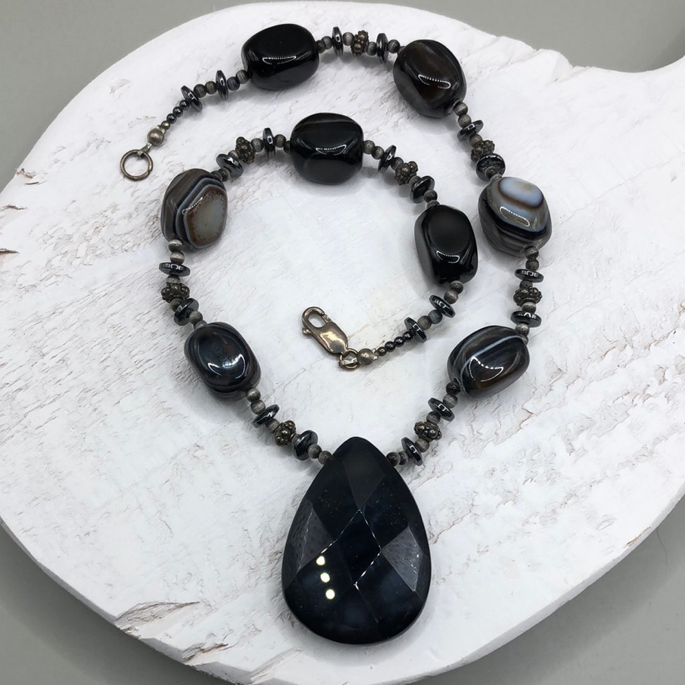 Vintage Banded Agate Stone Beaded Sterling Silver 925 Necklace with Pendant Boho